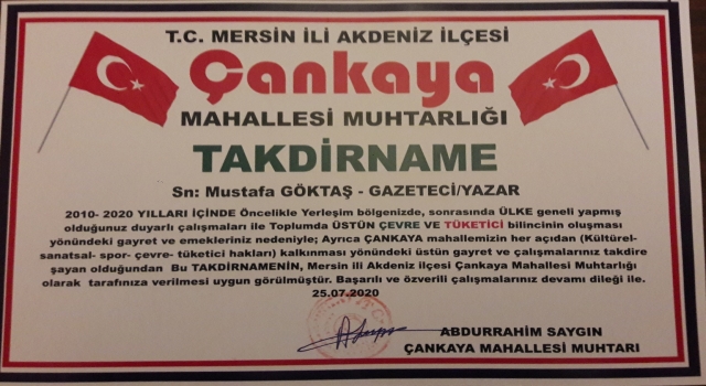 GAZETECİ MUSTAFA GÖKTAŞ'A ÖDÜL