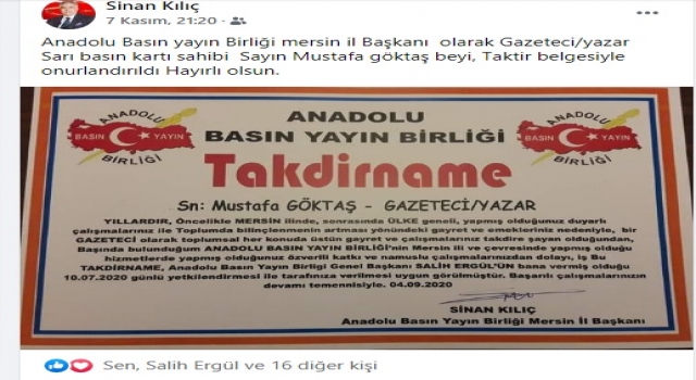 GAZETECİ GÖKTAŞA TAKDİRNAME