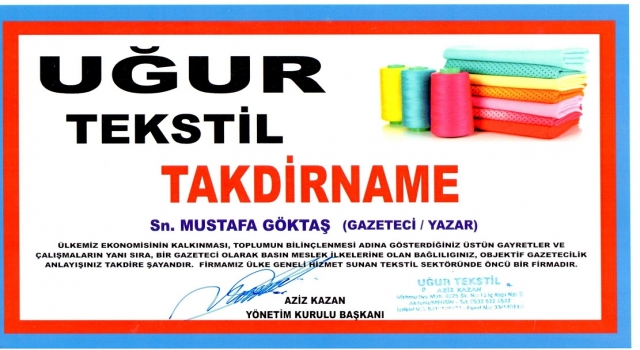 MUSTAFA GÖKTAŞ'A BİR TAKDİRNAME DAHA GELDİ