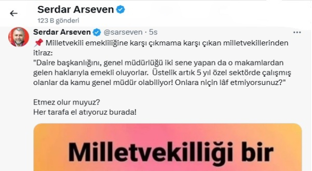 GAZETECİ SERDAR ARSEVEN: MİLLETVEKİLLİĞİ EMEKLİLİĞİ KALKMALI
